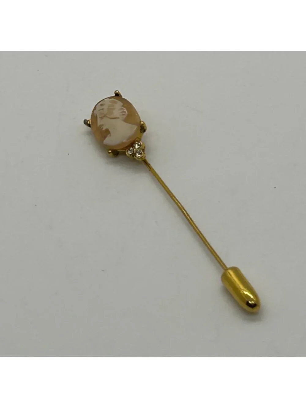 Vintage Cameo Stick Pin Carved Shell Gold-tone Portrait Brooch Hat Rhinestone